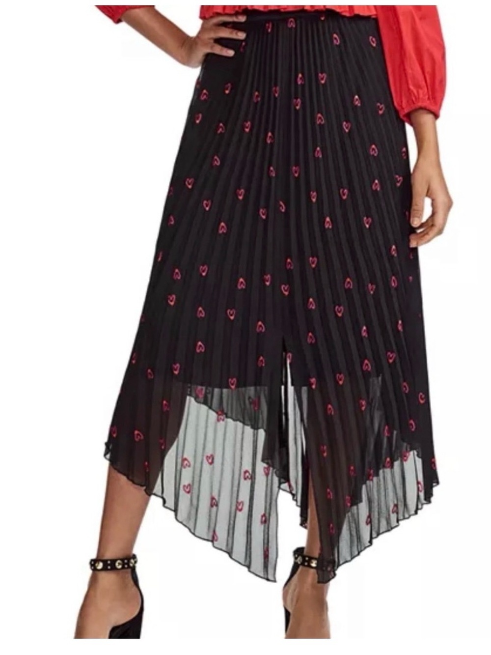 Maje Black Asymmetrical Pleated Skirt with Pink Heart Motif